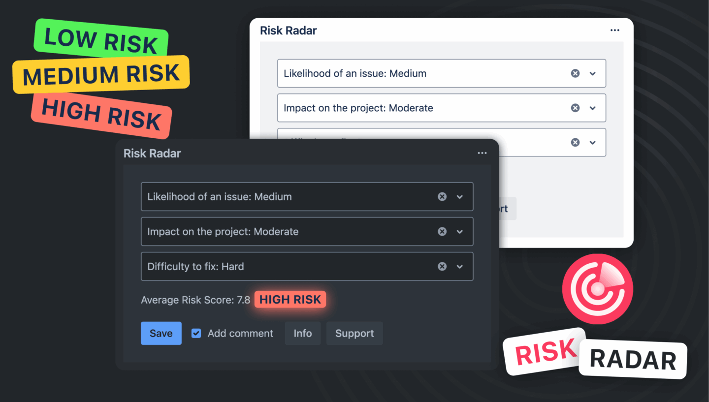 Jira Cloud app Risk Radar with risk scoring panel and color-coded indicators for issue risk management.