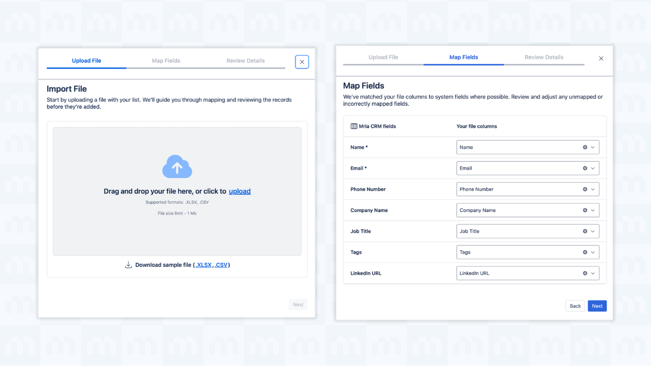 Step 2 and 3 - Import Contacts in Mria CRM - Upload & Map Fields
