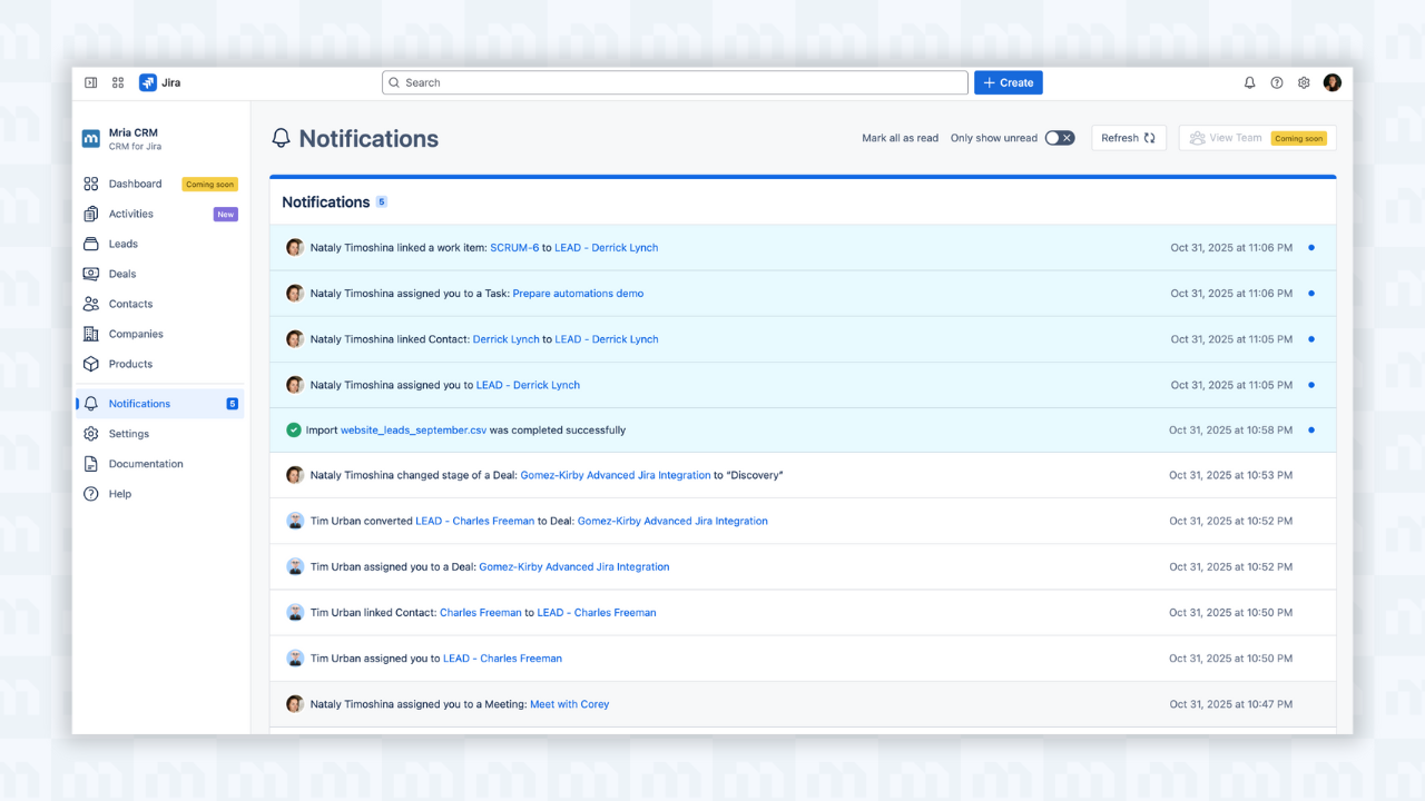 Mria CRM Notifications: A Focused Workspace to Track Updates and Changes