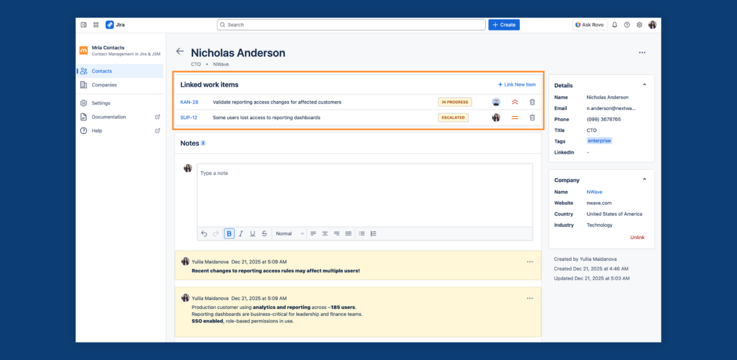 Mria Contacts: See all Jira issues & support requests linked to a Contact in one place