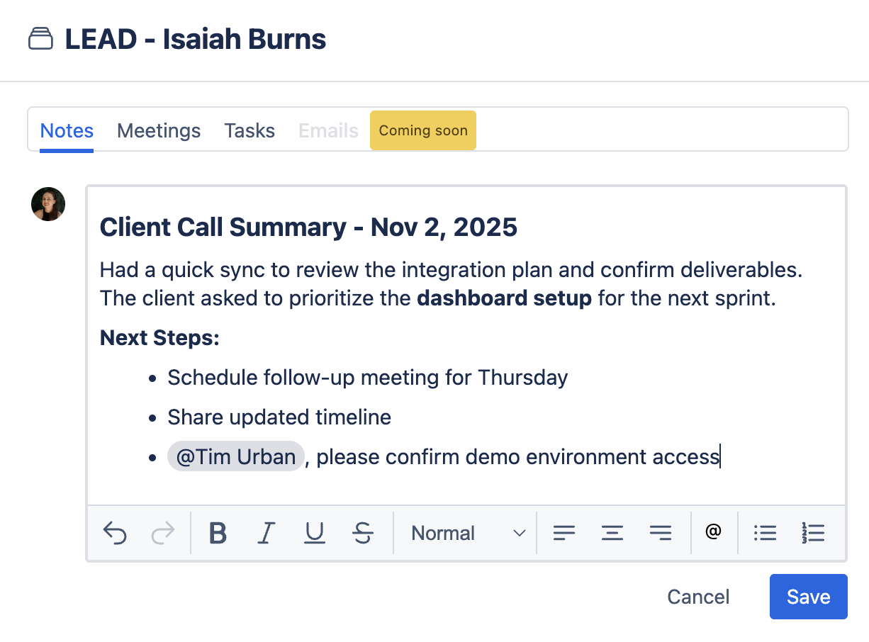 New Feature in Mria CRM: Mentions in Notes