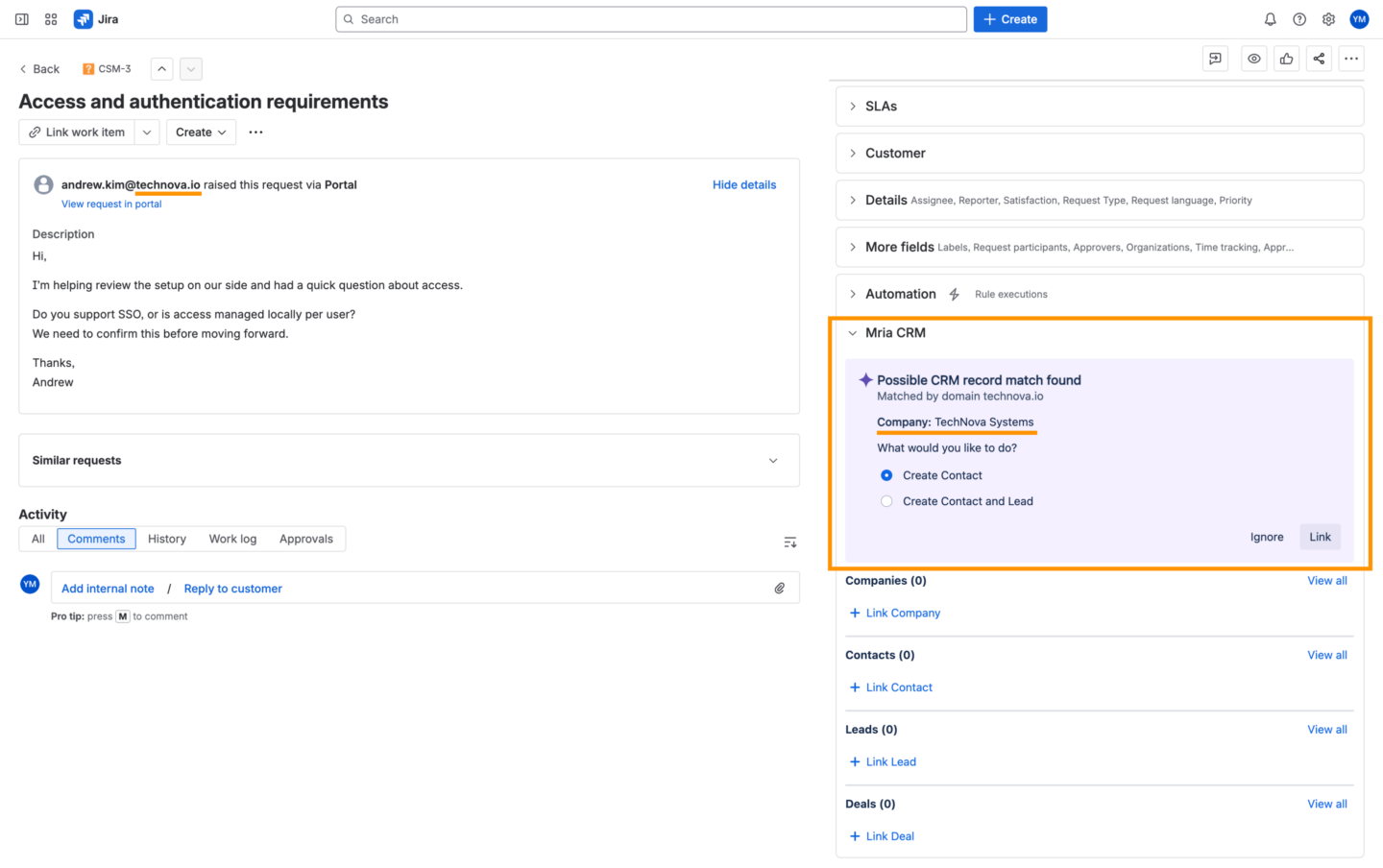 Mria CRM for JSM: Domain match to an existing Company