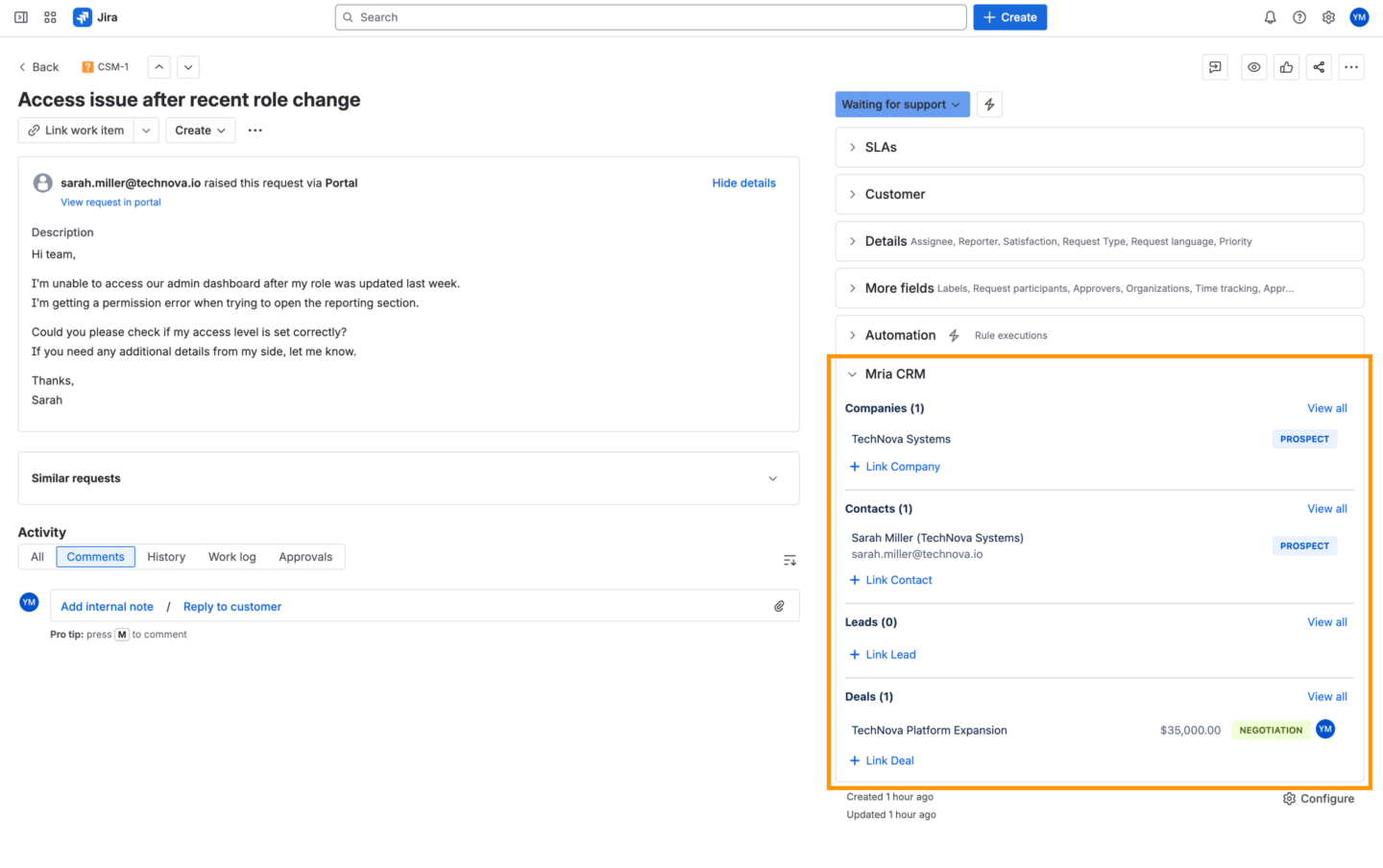 Mria CRM for JSM - Key customer details are visible directly in the ticket