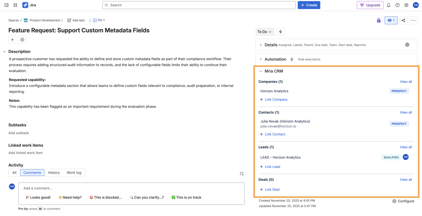 Mria CRM’s Jira Integration - link CRM data to Jira issues
