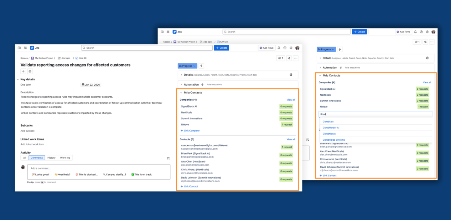 Mria Contacts: Link one or multiple Contacts & Companies to Jira issues