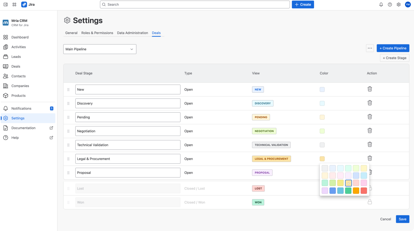 Custom Pipeline Stages, 2. Stage Order and Visual Cues in Mria CRM for Jira