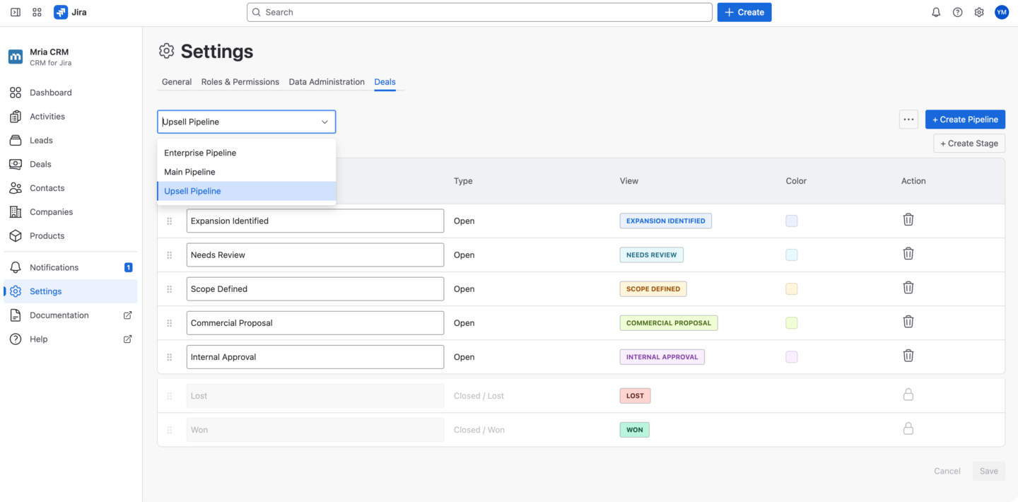Multiple Pipelines for Different Sales Processes in Mria CRM for Jira