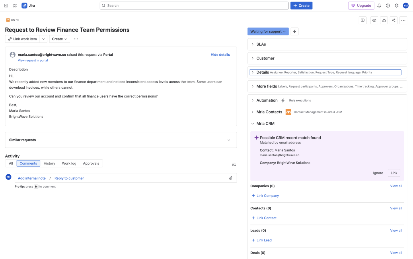 Automatic Customer Recognition in Jira Service Management with CRM Match Suggestion in Mria CRM