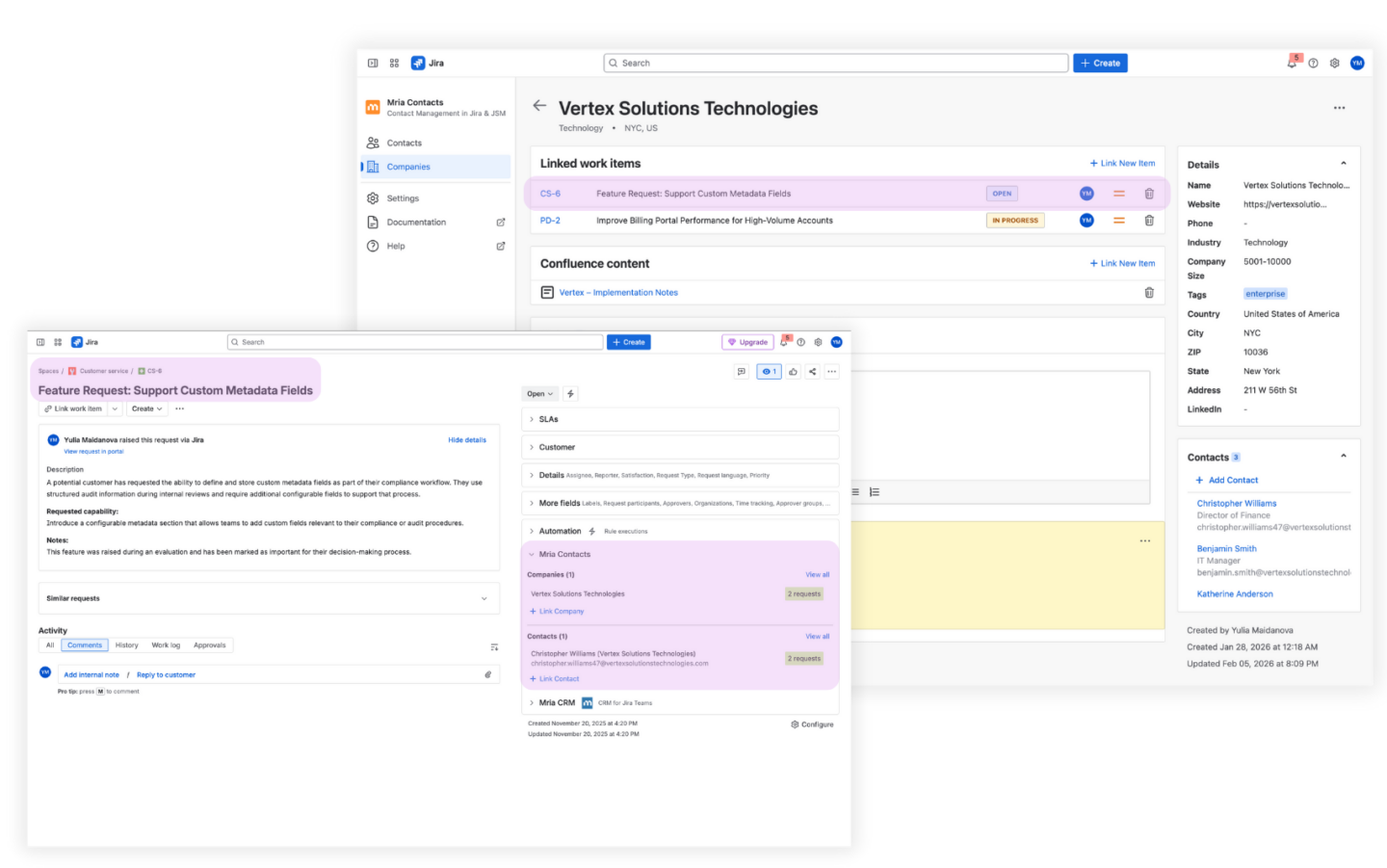 Bi-Directional Linking Across JSM Requests and Mria Customers