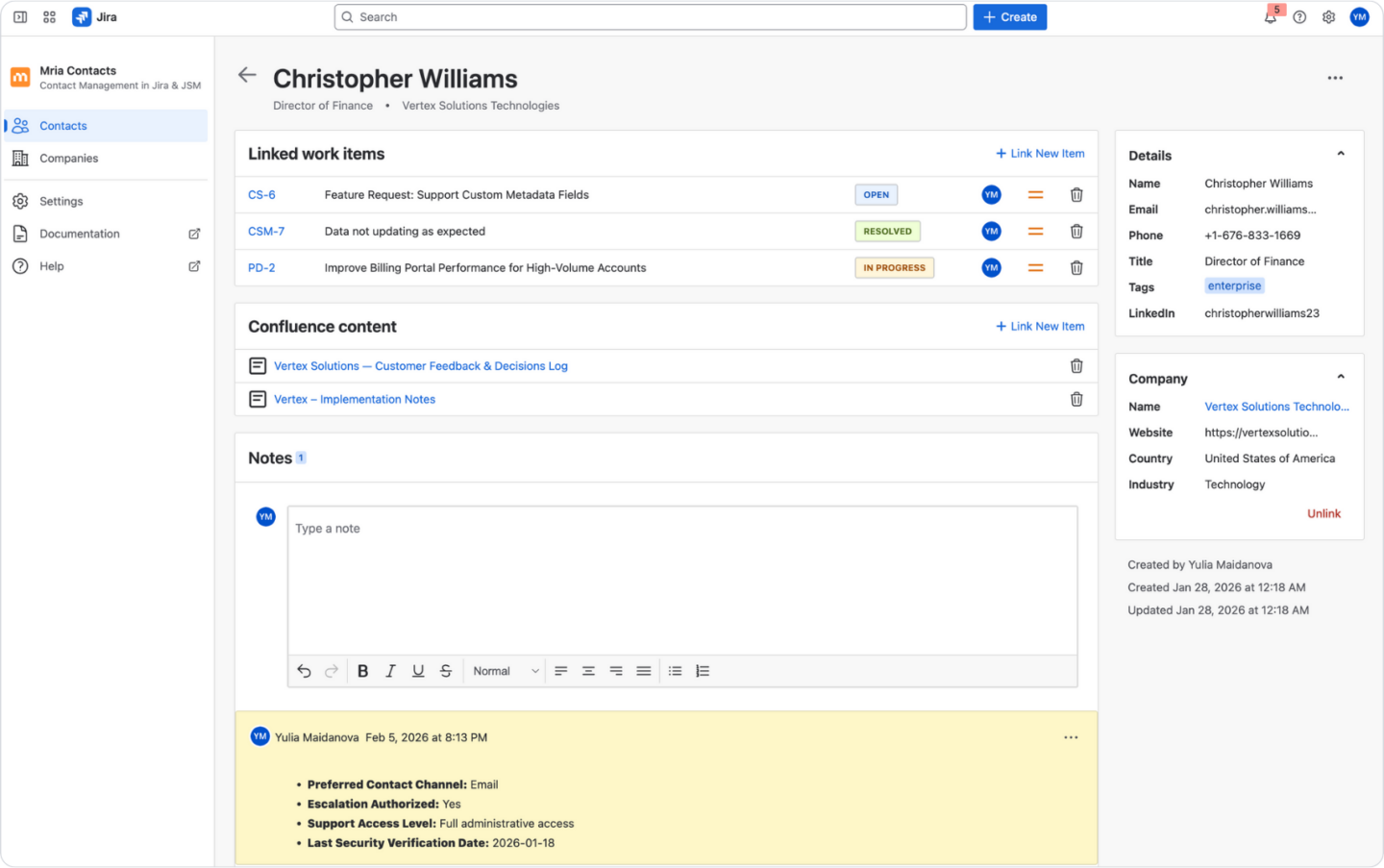 Contact Profile in Mria Contacts