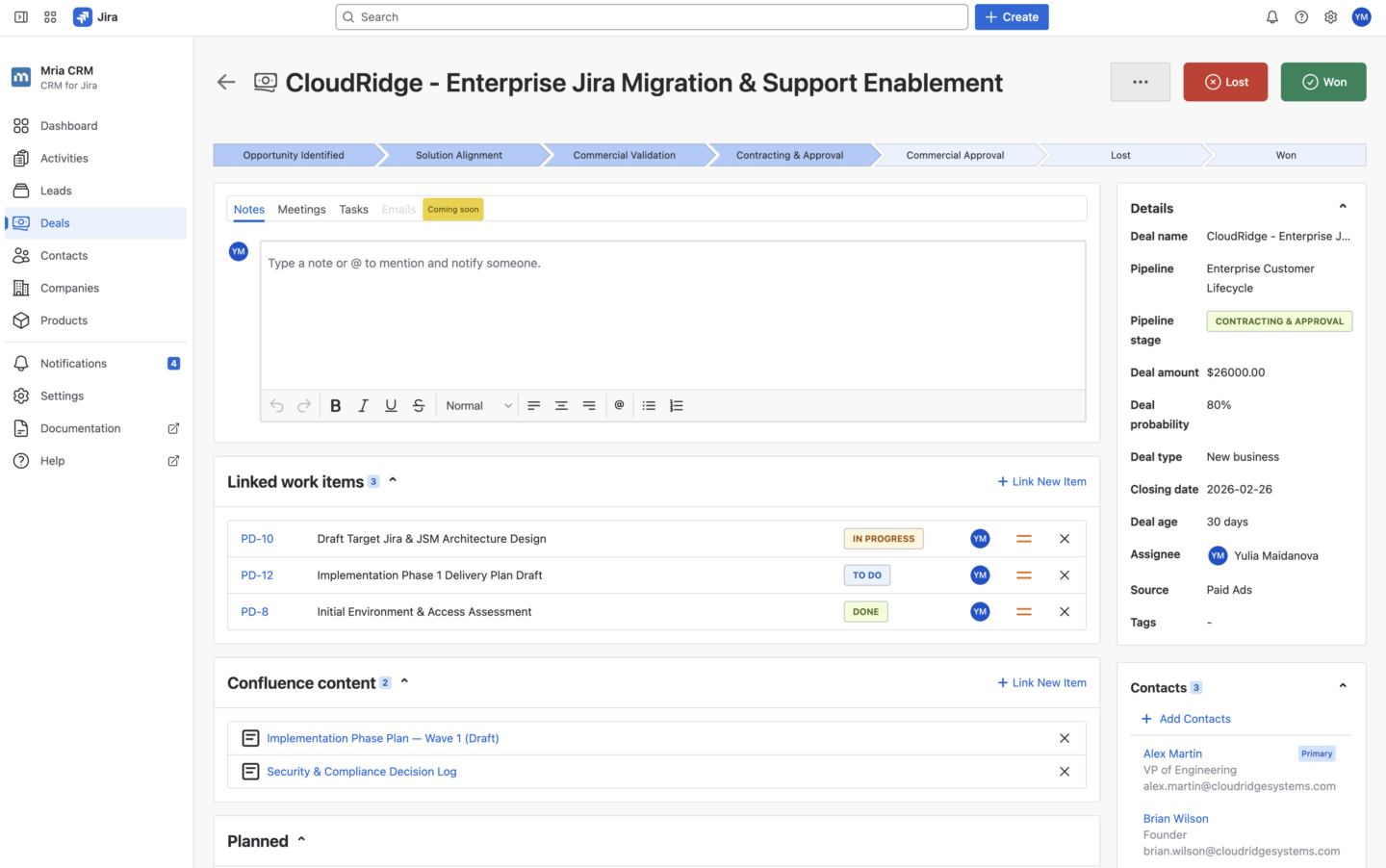 Customer Knowledge Connected to Deal Context via Confluence in Mria CRM