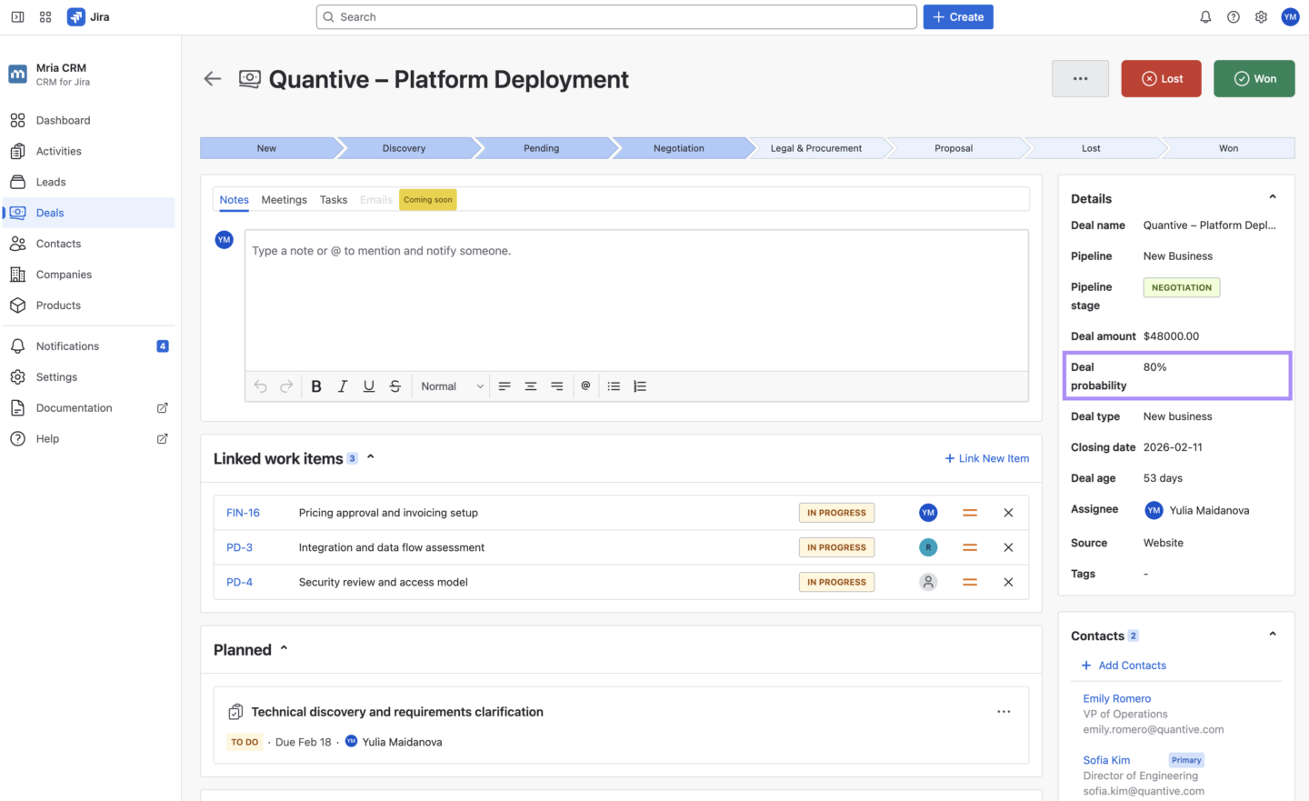 Deal-level probability in Mria CRM for Jira