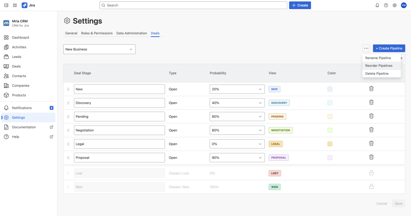 Pipeline Reordering in Mria CRM for Multi-Pipeline Sales Environments
