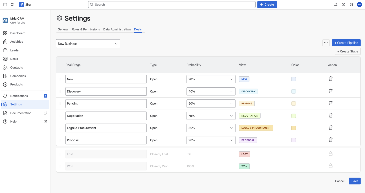 Stage Probability in Mria CRM for Jira