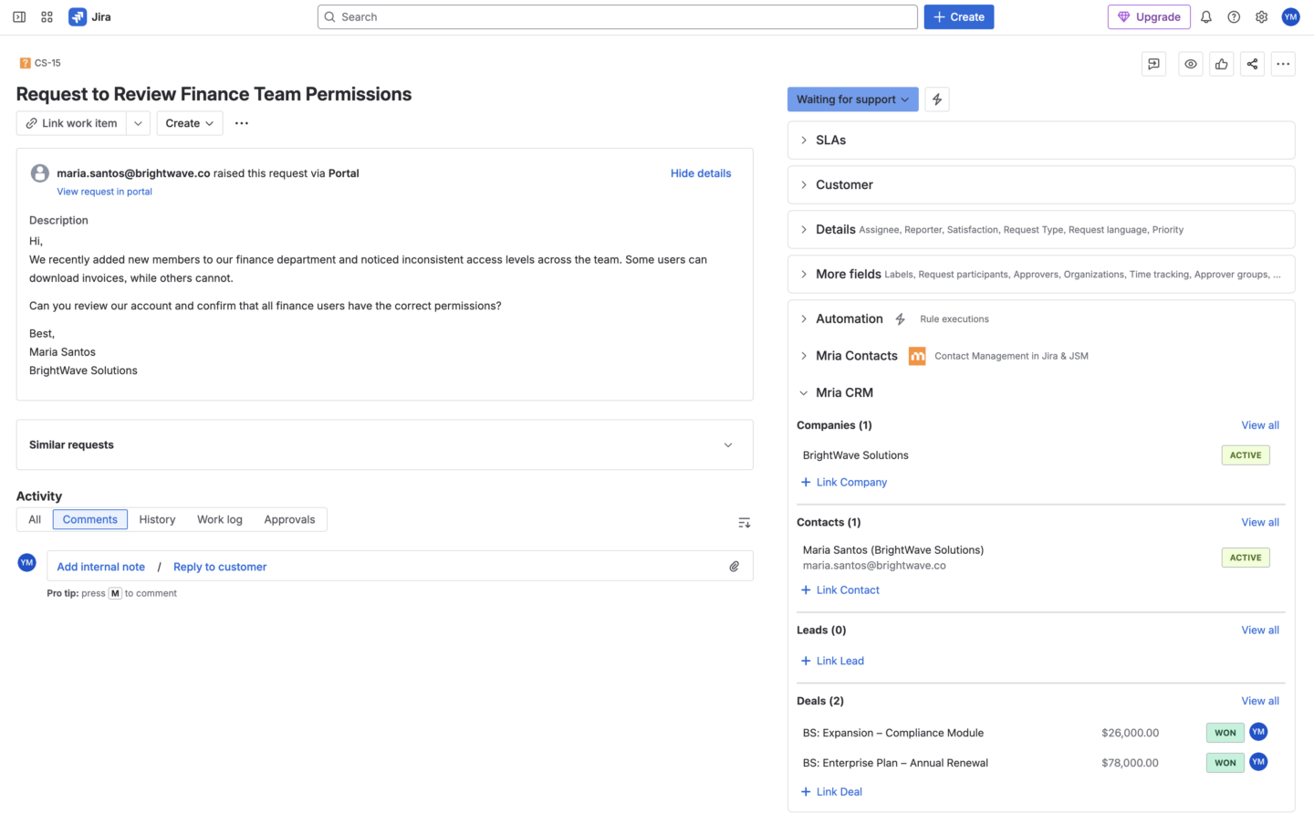 Support Request Linked to Customer Relationship and Revenue Context in Mria CRM