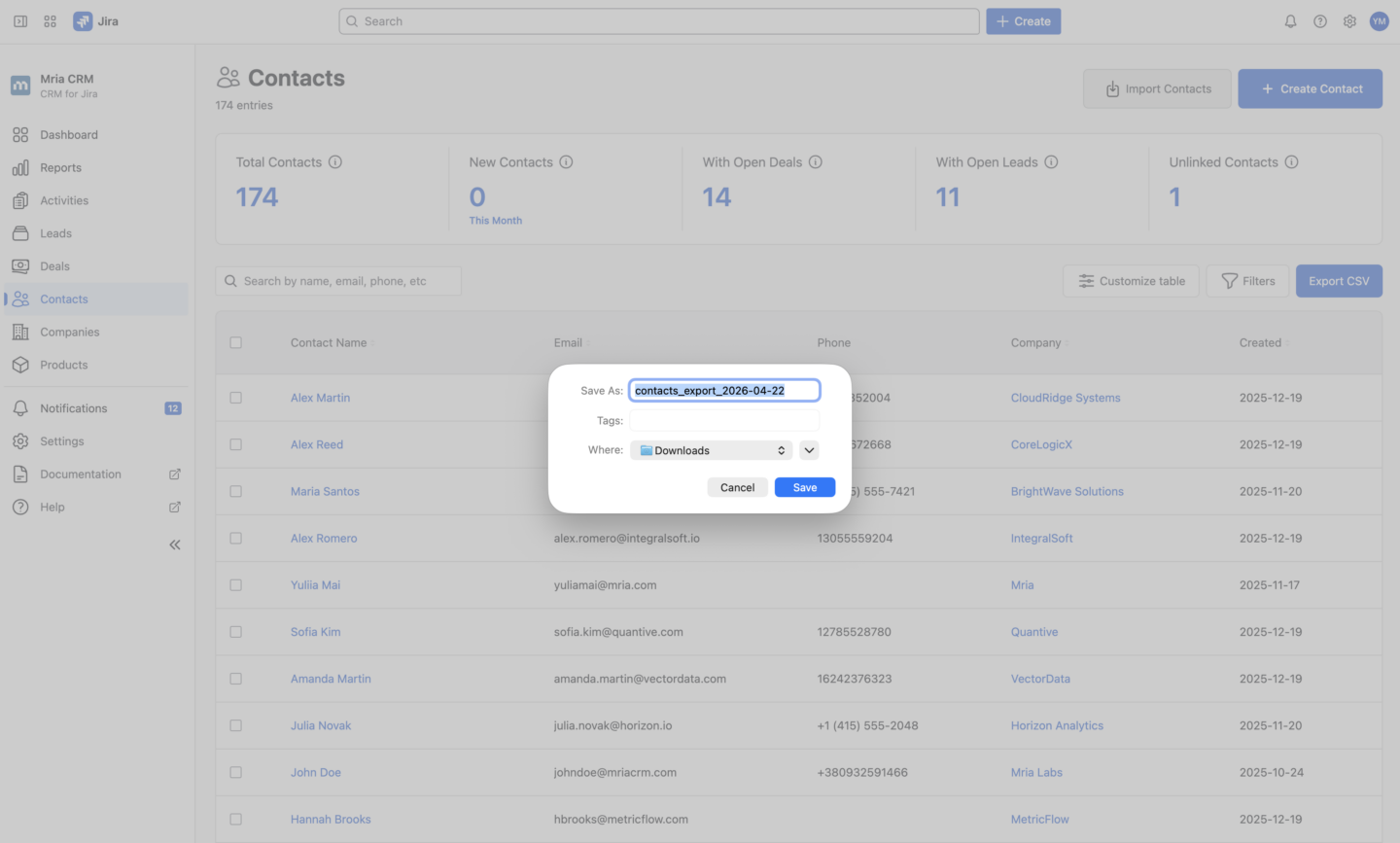 CSV export across all core Mria CRM entities, including Leads, Deals, Contacts, Companies, and Products