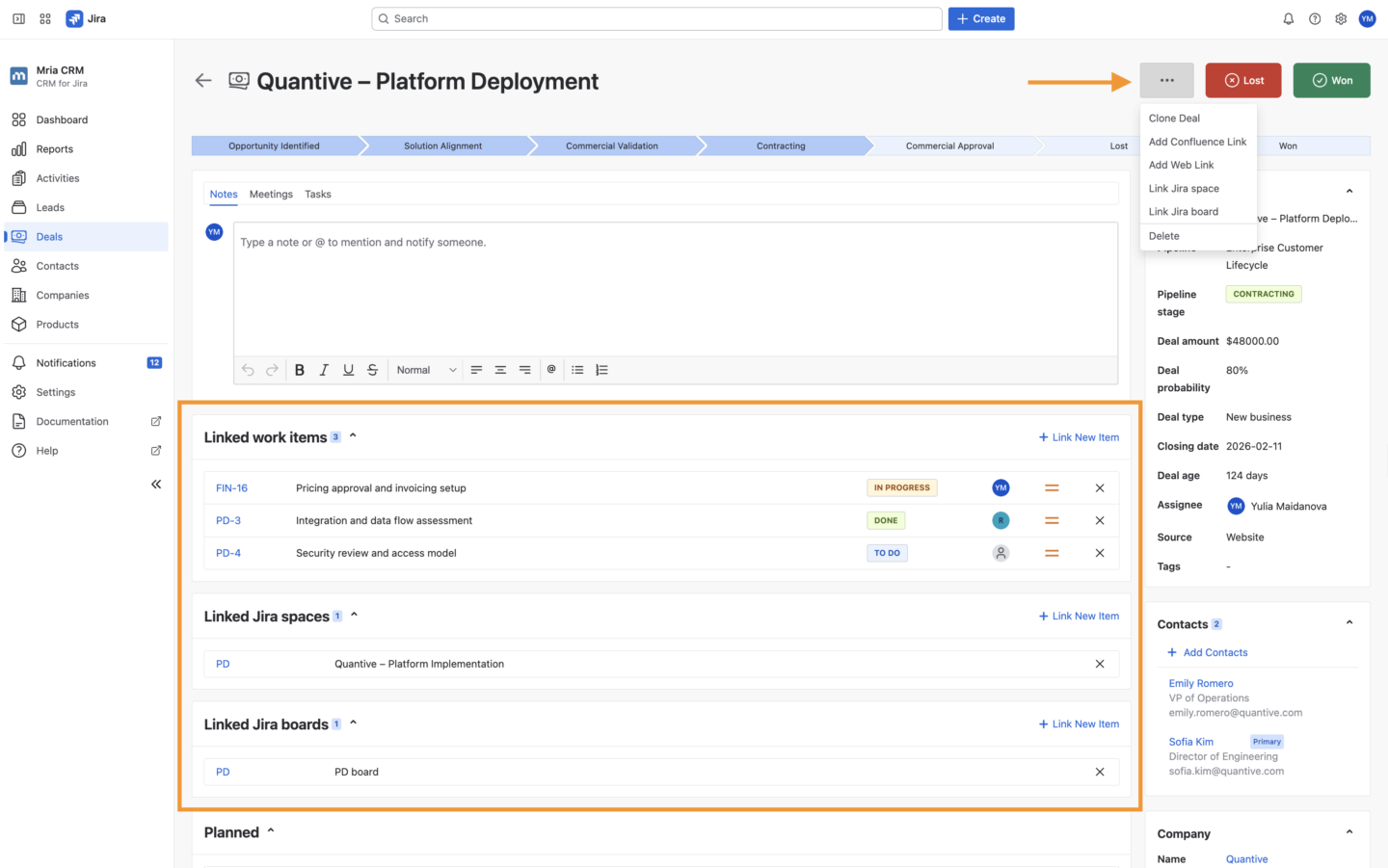 Mria CRM Jira Integration: Linking Jira Projects and Boards to CRM Records
