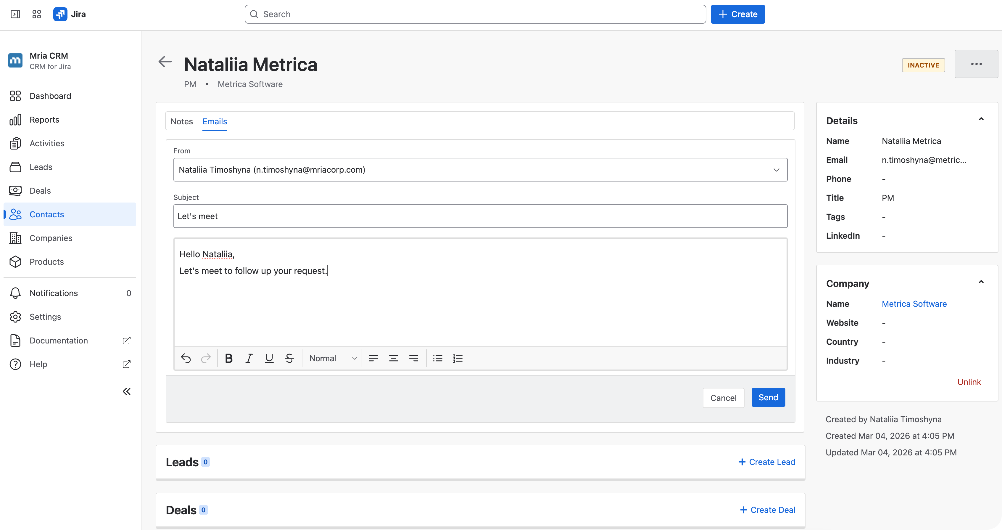 Mria CRM Gmail Integration - Contact Email
