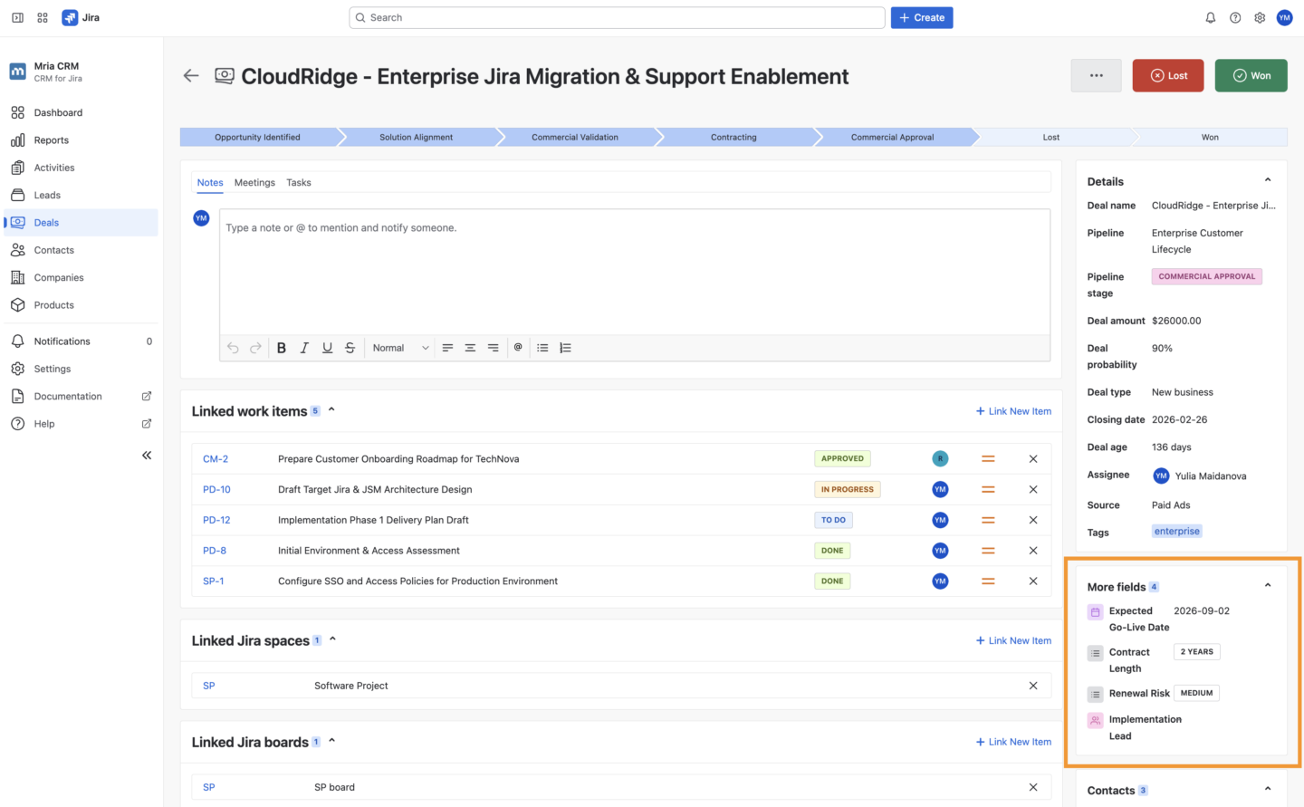 Example: Custom Fields on an Enterprise Deal in Mria CRM
