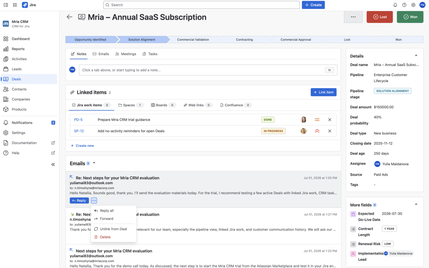 Manage Synced Emails from the Mria CRM Record