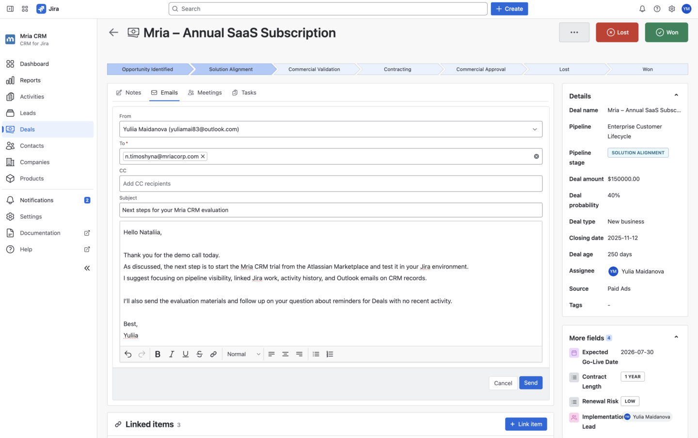 Emails Tab on a Deal in Mria CRM