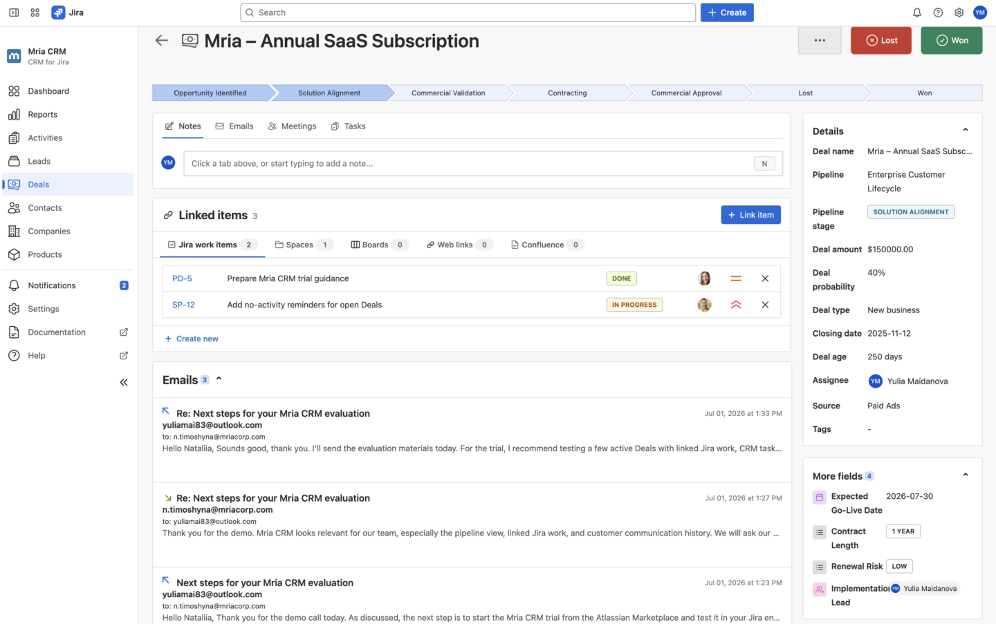 Review Email History with Customer Context in Mria CRM