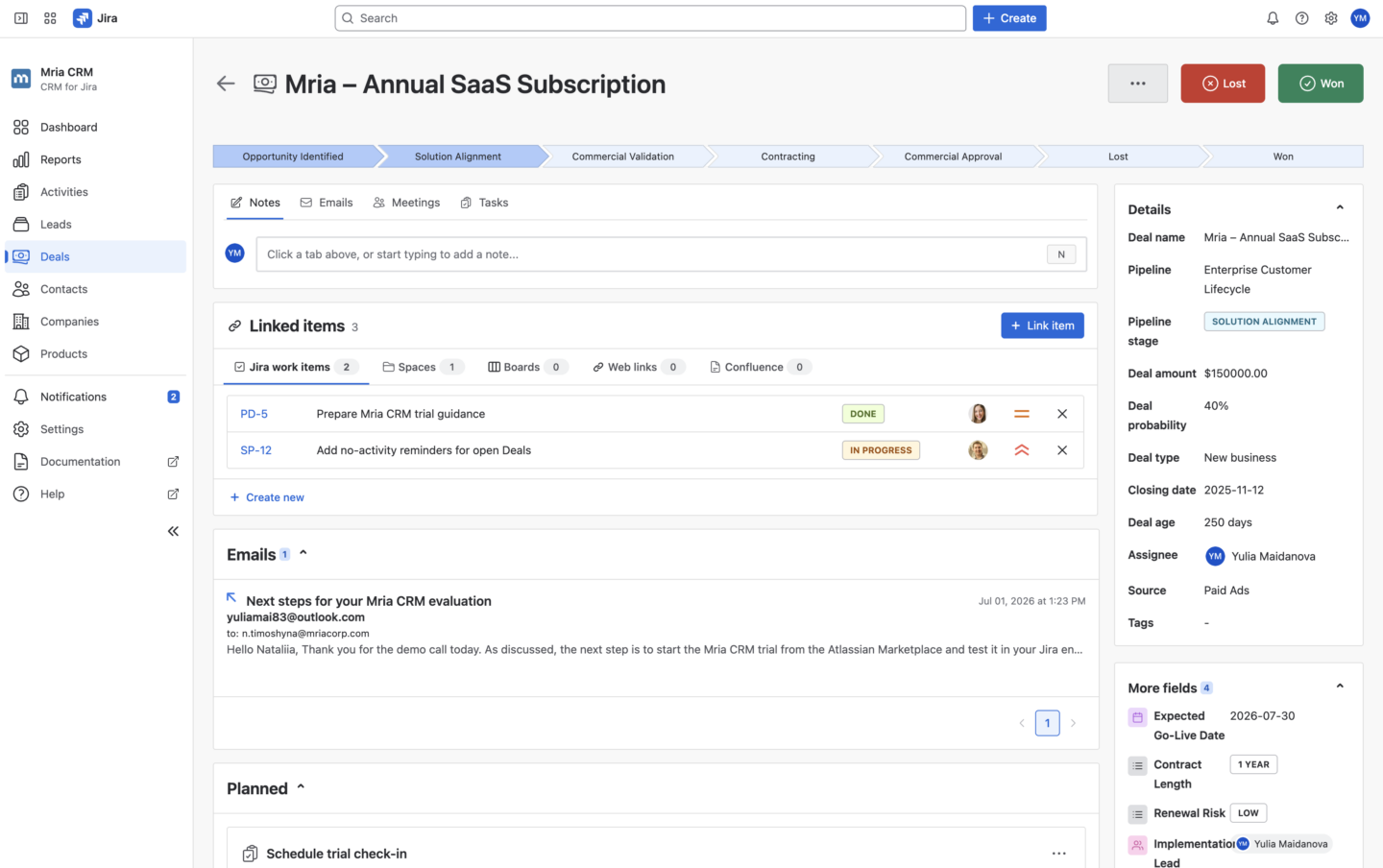 Send an Email from Mria CRM Through a Connected Outlook Account