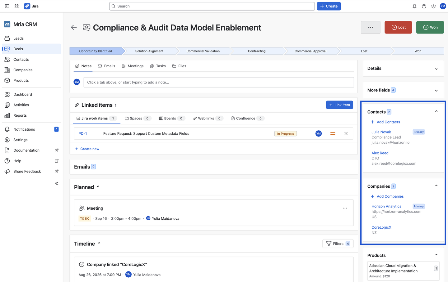 Mria CRM Deal page listing multiple linked Contacts and Companies, two marked as Primary.