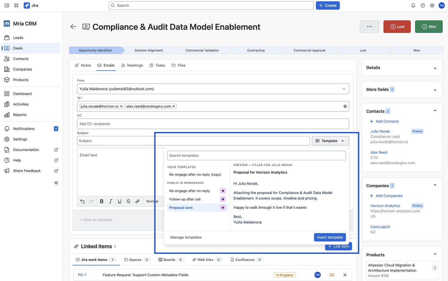 Mria CRM email composer with the email template picker open and a preview of the personalized message
