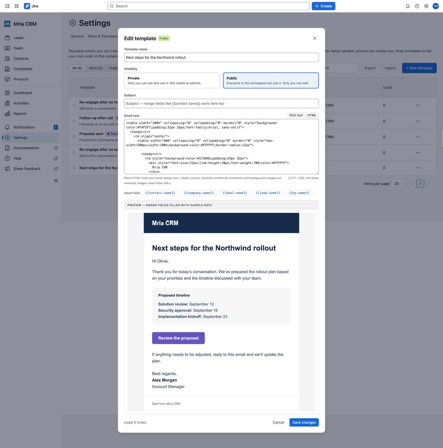 HTML Email Template editor with markup and the rendered preview in Mria CRM