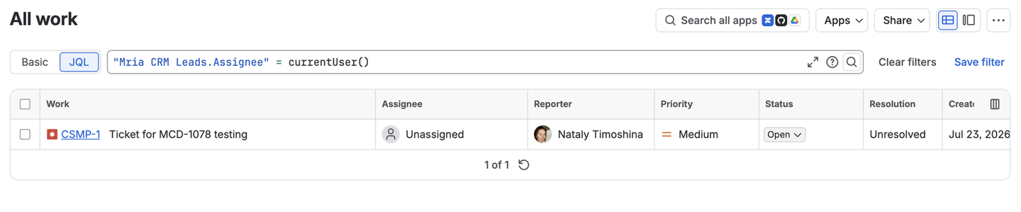 Mria CRM Custom Fields on a Jira work item and a JQL query using a linked Lead
