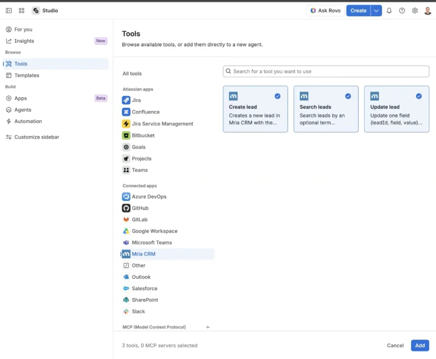 Mria CRM tools for creating, searching, and updating Leads in Rovo Studio