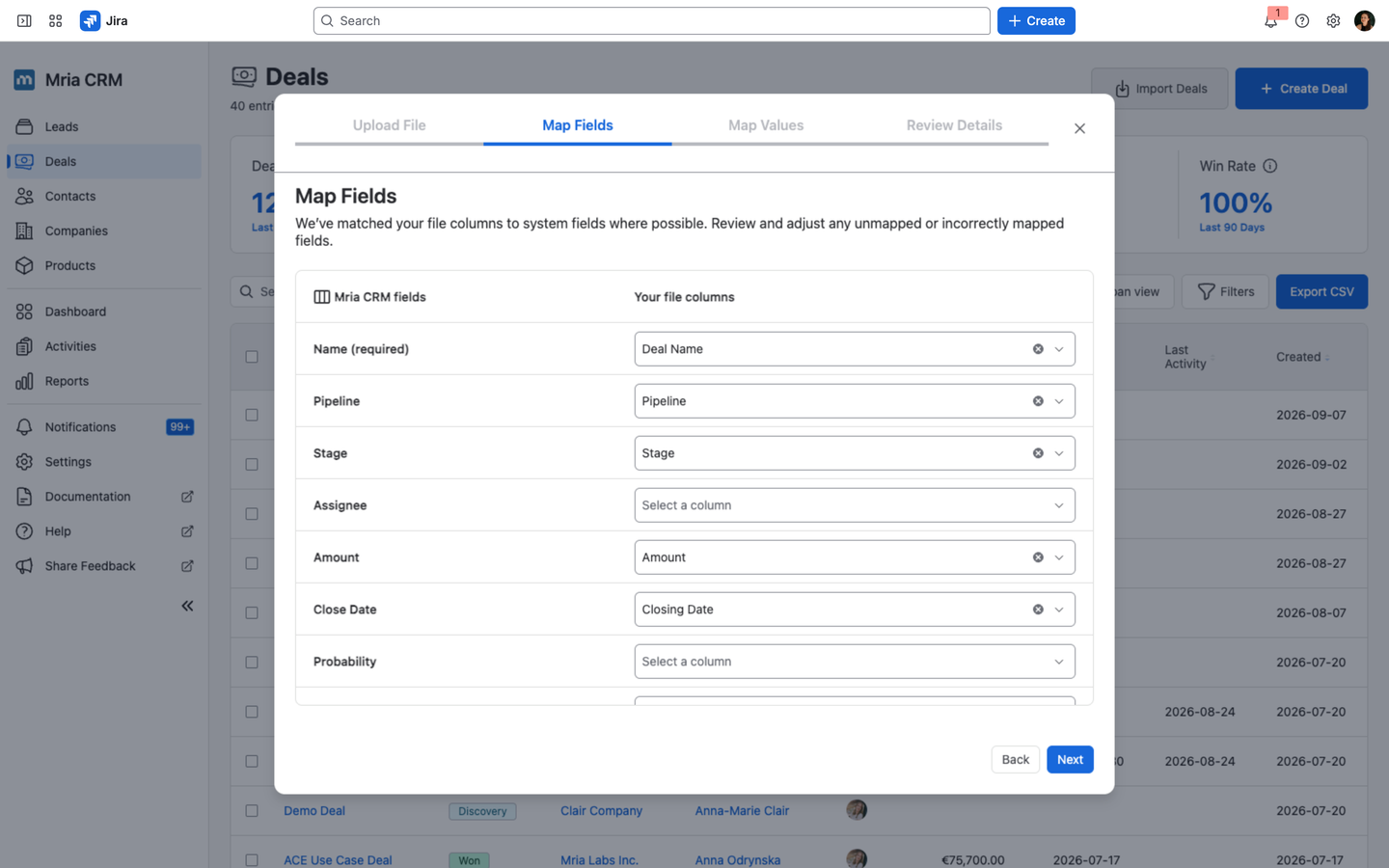 Mria CRM Deal Import wizard showing field mapping and the import review step